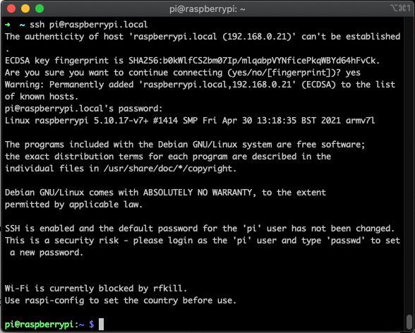 Terminal prompt connecting through SSH to the Raspberry Pi